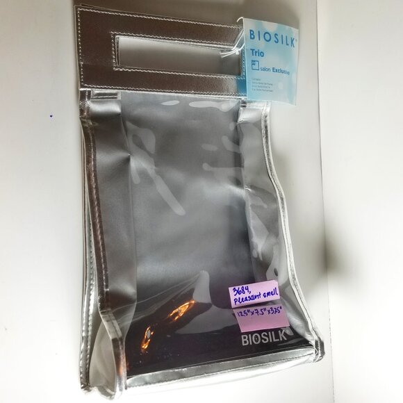 ✅NWT Tall Silver Fabric Biosilk Cosmetic Bag with Clear Window. Velcro closure - Picture 1 of 7